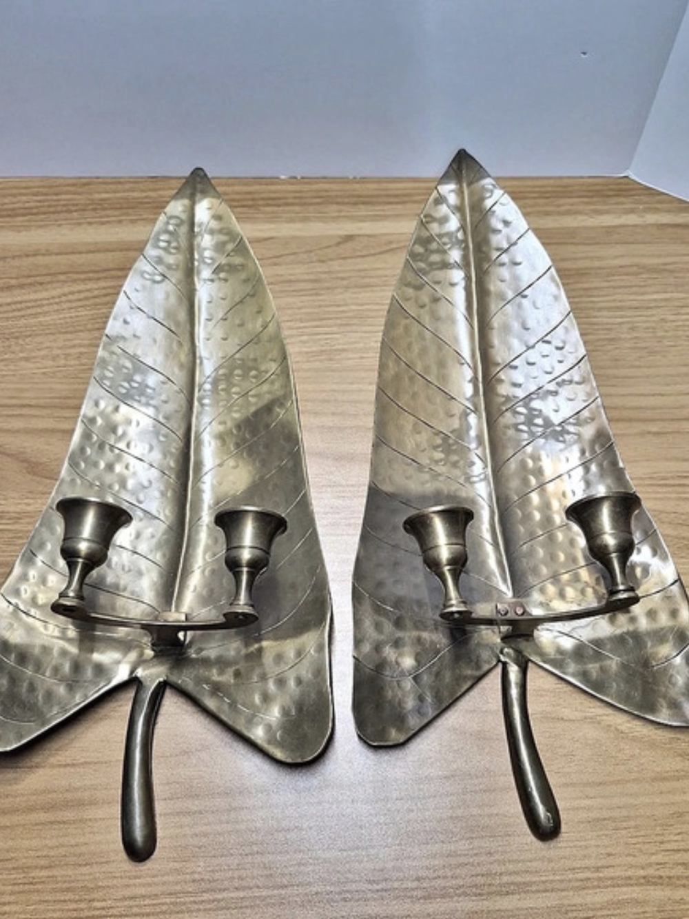 NWOT Brass Leaf Wall Sconces Pair 2 Taper Candle Holders Boho Mid Century Decor